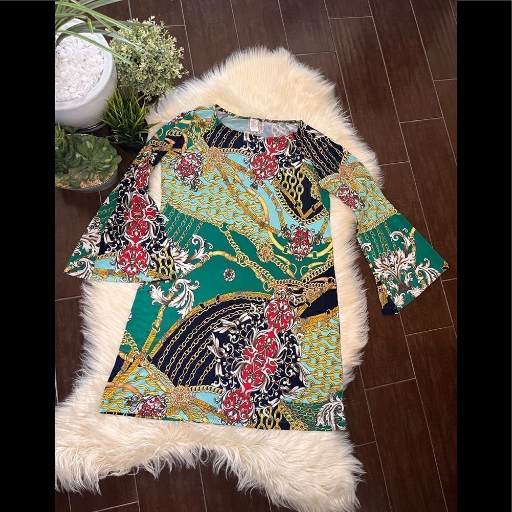 MSK colorful gold chain printed dress sz 8